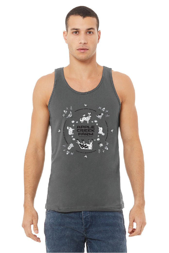 Gray tank top with black and white circular design