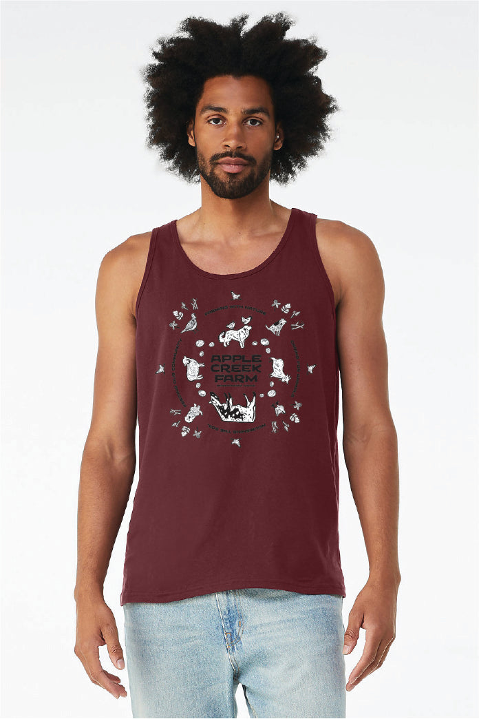 Maroon tank top with black and white circular design